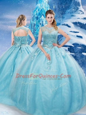 Scoop Sleeveless Tulle Vestidos de Quinceanera Beading Brush Train Lace Up