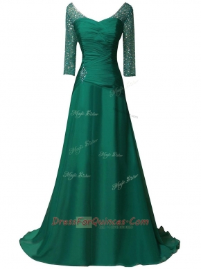 Exquisite Green Long Sleeves Sweep Train Beading and Ruching With Train Prom Party Dress