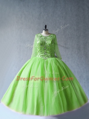 Ball Gowns Sweet 16 Dress Green Scoop Tulle Long Sleeves Floor Length Lace Up