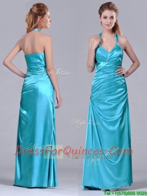 2016 Column Halter Top Elastic Woven Satin Aqua Blue Prom Dress with Ruching