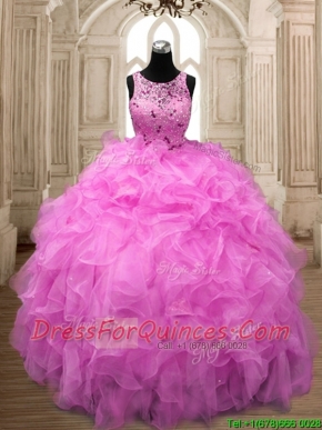 See Through Scoop Hot Pink Sweet 16 Dress with Beading and Ruffles