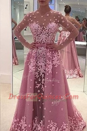 Lilac Tulle Zipper Prom Dresses Long Sleeves With Train Sweep Train Appliques