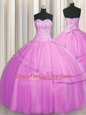 Sophisticated Visible Boning Really Puffy Floor Length Lace Up Vestidos de Quinceanera Lilac for Military Ball and Sweet 16 and Quinceanera with Beading