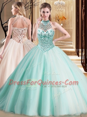 Custom Designed Halter Top Aqua Blue Lace Up Quince Ball Gowns Beading Sleeveless With Brush Train