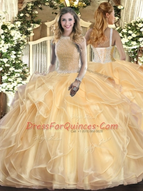 Floor Length Champagne Sweet 16 Dress Organza Sleeveless Beading and Ruffles