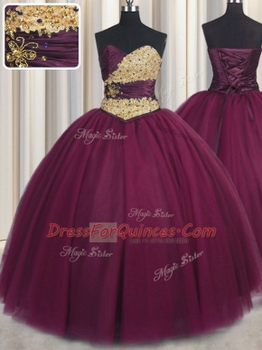 Burgundy Sleeveless Tulle Lace Up Quinceanera Gowns for Military Ball and Sweet 16 and Quinceanera