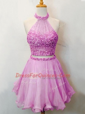 Fashionable Lilac Two Pieces Halter Top Sleeveless Organza Knee Length Lace Up Beading Dama Dress