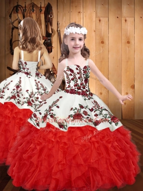 Red Lace Up Little Girl Pageant Gowns Embroidery and Ruffles Sleeveless Floor Length