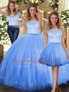 Lovely Blue Scoop Clasp Handle Lace Quinceanera Dress Sleeveless