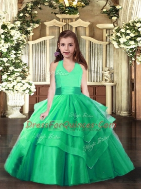 Turquoise Lace Up Halter Top Ruching Kids Pageant Dress Tulle Sleeveless