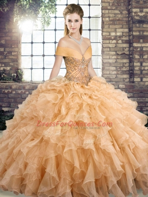 Sleeveless Beading and Ruffles Lace Up 15 Quinceanera Dress with Gold Brush Train