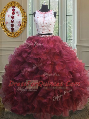 Perfect Red Clasp Handle Scoop Appliques and Ruffles Ball Gown Prom Dress Organza Sleeveless