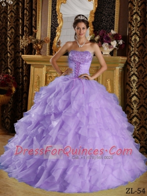 Lavender Ball Gown Strapless Floor-length Satin and Organza Embroidery Quinceanera Dress with Beading