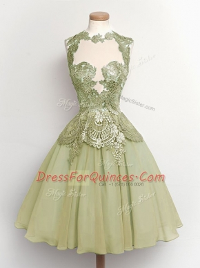 Modern Olive Green Chiffon Lace Up Damas Dress Sleeveless Knee Length Lace