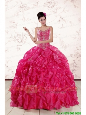 2015 Beautiful Spaghetti Straps Beading Quinceanera Dresses in Hot Pink