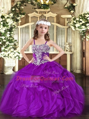 Customized Purple Sleeveless Appliques and Ruffles Floor Length Pageant Gowns For Girls