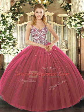 Fabulous Fuchsia Tulle Lace Up 15th Birthday Dress Sleeveless Floor Length Beading and Appliques