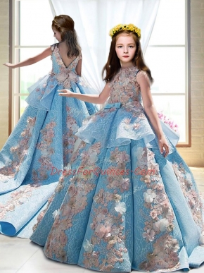 Appliques Little Girls Pageant Dress Blue Backless Sleeveless Court Train
