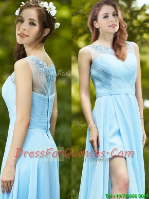 Elegant See Through Scoop Appliques Prom Dresses in Light Blue