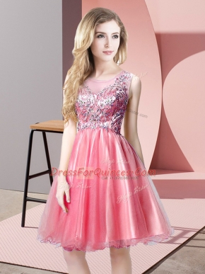 Fashionable Beading Prom Evening Gown Watermelon Red Zipper Sleeveless Knee Length