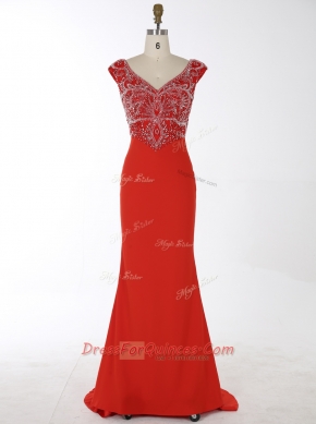 Simple Mermaid V-neck Sleeveless Chiffon Homecoming Dress Beading Brush Train Zipper