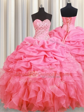 Rose Pink Ball Gown Prom Dress Military Ball and Sweet 16 and Quinceanera and For with Beading and Ruffles and Pick Ups Halter Top Sleeveless Lace Up