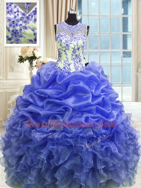 Smart Scoop Blue Organza Zipper Ball Gown Prom Dress Sleeveless Floor Length Beading and Ruffles