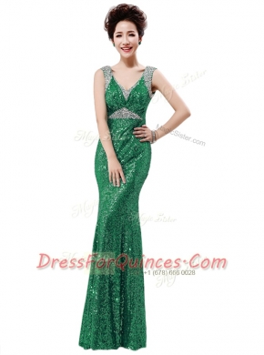 Floor Length Zipper Prom Gown Green for Prom and Party with Sequins