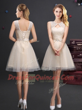 Glamorous Champagne Scoop Neckline Lace and Appliques and Belt Quinceanera Dama Dress Sleeveless Lace Up