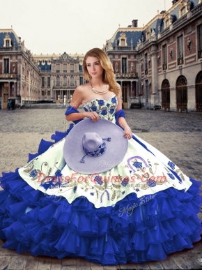 Popular Royal Blue Sleeveless Embroidery and Ruffled Layers Floor Length Ball Gown Prom Dress
