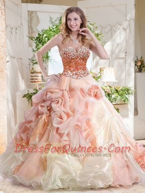 Fashionable Beaded and Bubble Quinceanera Dress in Peach and White