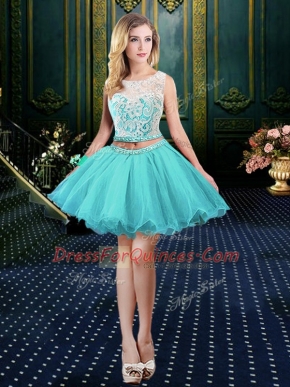 Organza Scoop Sleeveless Clasp Handle Lace Prom Dresses in Aqua Blue