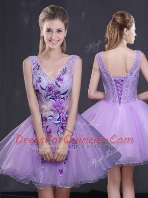 Lavender A-line Sleeveless Organza Mini Length Lace Up Lace and Appliques Prom Dress