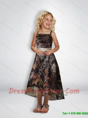 Elegant A Line Straps Tea Length Camo Flower Girl Dresses with Beading