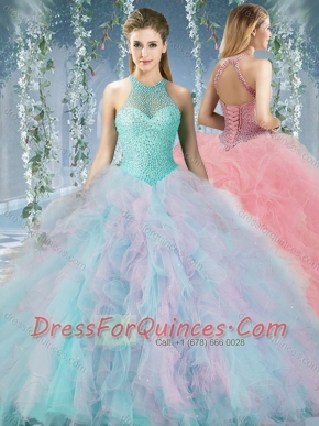 Lovely Beaded Decorated Halter Top Rainbown  Discount Quinceanera Dresses in Organza