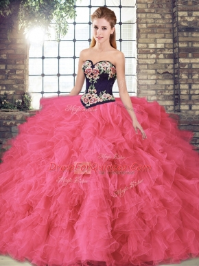 Hot Pink Vestidos de Quinceanera Sweet 16 and Quinceanera with Beading and Embroidery Sweetheart Sleeveless Lace Up