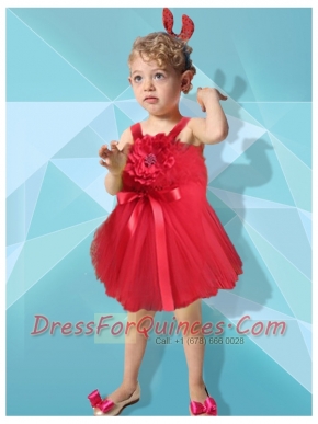 2014 Short Mini-length Hand Made Flowers Straps Little Girl Dress in Red