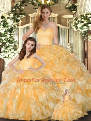 Sleeveless Organza Floor Length Lace Up Quinceanera Dress in Gold with Beading and Ruffles