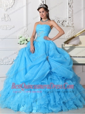 Aqua Blue Ball Gown Strapless Floor-length Organza Beading Quinceanera Dress