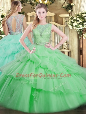 Glamorous Beading and Ruffled Layers Sweet 16 Dresses Apple Green Backless Sleeveless Floor Length