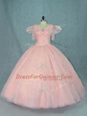 Deluxe Peach Short Sleeves Organza Zipper Sweet 16 Dresses for Sweet 16 and Quinceanera