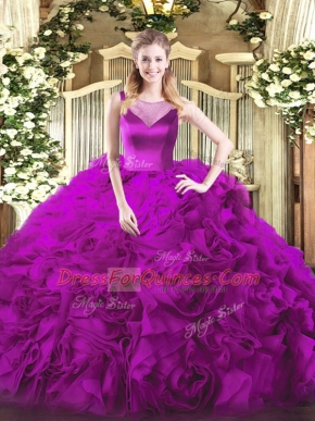 Custom Design Floor Length Fuchsia Sweet 16 Quinceanera Dress Fabric With Rolling Flowers Sleeveless Beading