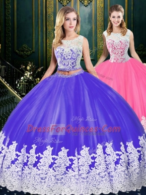 Scoop Sleeveless Tulle Ball Gown Prom Dress Appliques and Embroidery Clasp Handle