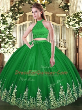 Tulle Halter Top Sleeveless Backless Beading and Appliques Ball Gown Prom Dress in Green