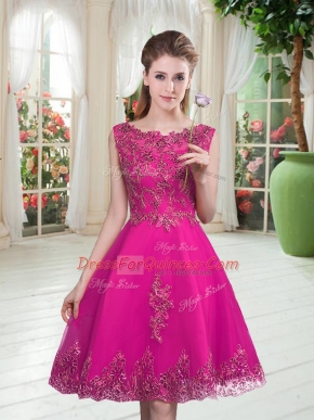On Sale Fuchsia Sleeveless Knee Length Beading and Appliques Lace Up Prom Party Dress