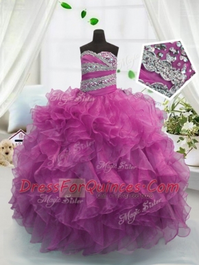 Fashionable Beading and Ruffles Little Girls Pageant Gowns Fuchsia Lace Up Sleeveless Floor Length