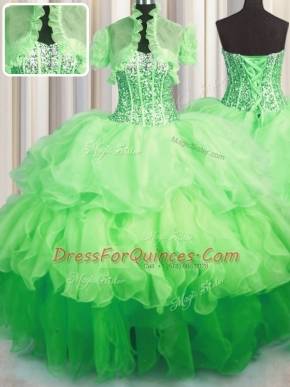 Edgy Visible Boning Bling-bling Organza Lace Up Quinceanera Gown Sleeveless Asymmetrical Beading and Ruffled Layers