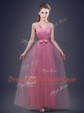 Dazzling Pink Tulle Lace Up Vestidos de Damas Sleeveless Floor Length Appliques and Ruching and Bowknot