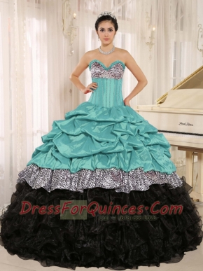 Turquoise and Black Sweetheart Ruffles Taffeta and Leopard Ball Gown Dress with Pick Ups