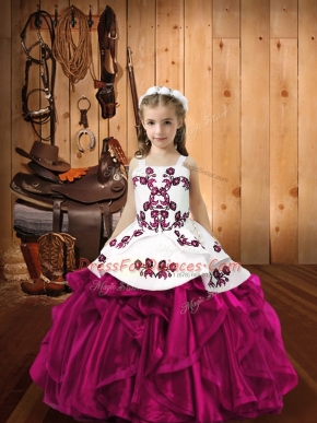 Sleeveless Floor Length Embroidery and Ruffles Lace Up Little Girls Pageant Gowns with Fuchsia